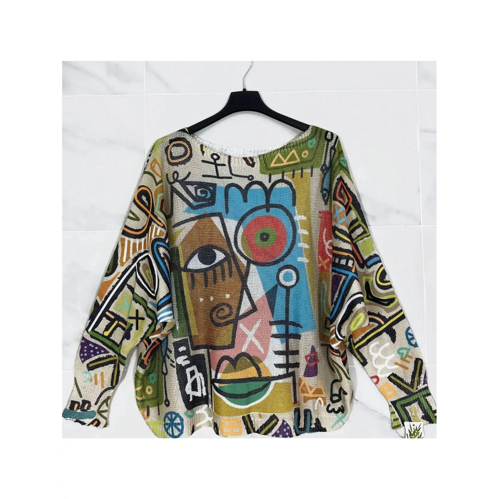 L155 Loowie Abstract Muse Printed Knit Sweater | Round Neck | One Size S-L
